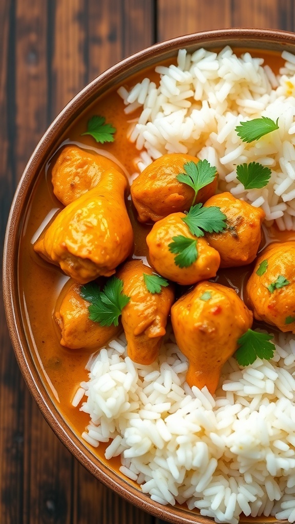 Steph Curry Inspired Chicken Curry Recipe A bowl of chicken curry with cilantro garnish, served with rice on a rustic table.